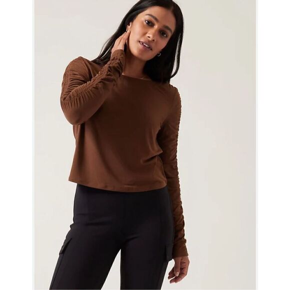 Athleta Brown All Around Ruched Long Sleeved Top Soft and Stretchy! Lightweight - Picture 1 of 11